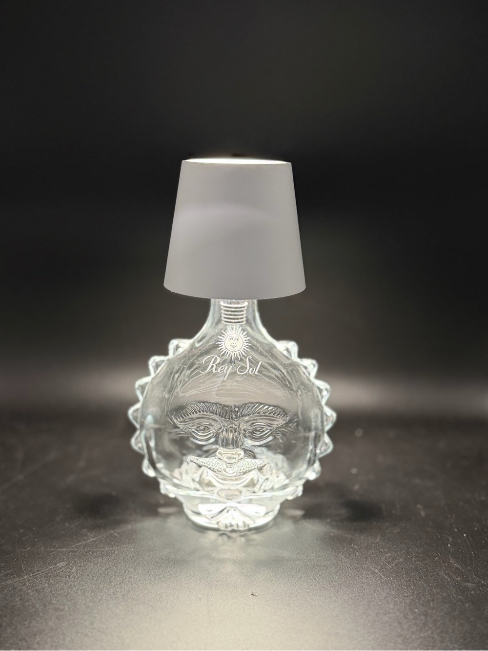 Repurposed Rey Sol bottle with usb rechargeable lamp light